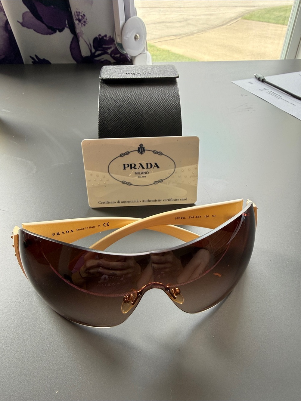 Prada Women’s Brown Shield Sunglasses with Cream Arms